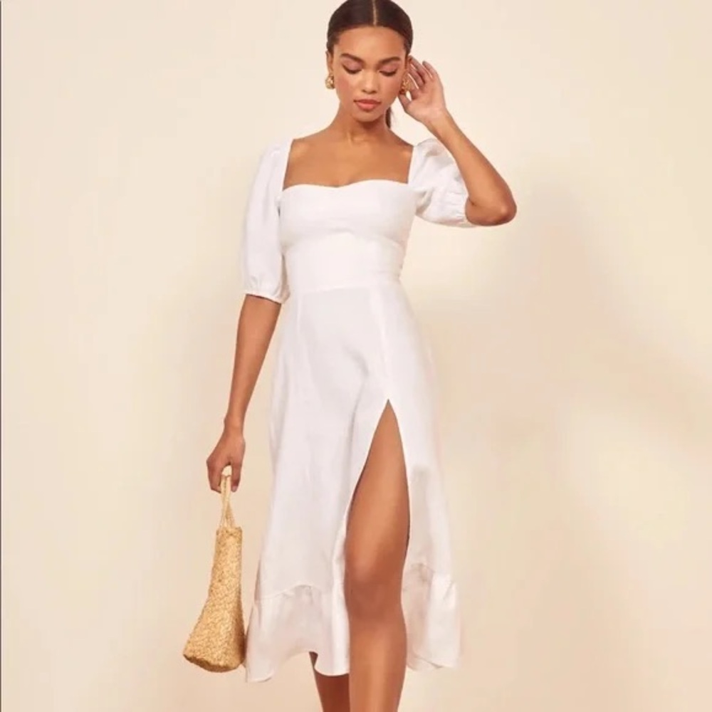 Reformation White Midi Dress with Puff Sleeves